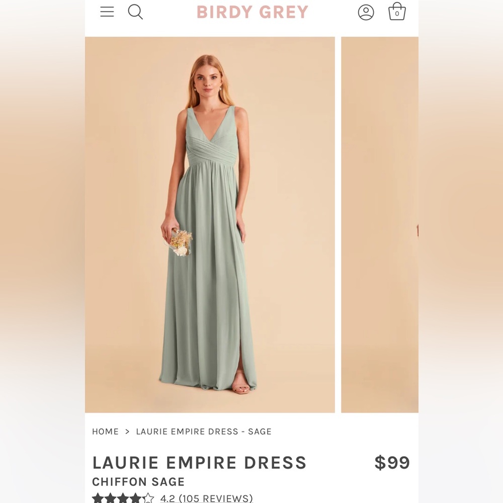 BIRDY GREY! Laurie Empire Chiffon Sage bridesmaid dress - Size Small